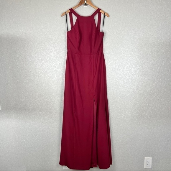 Dessy Collection NWT High-Neck Backless Crepe Trumpet Gown, Burgundy Red 10 - Picture 2 of 12